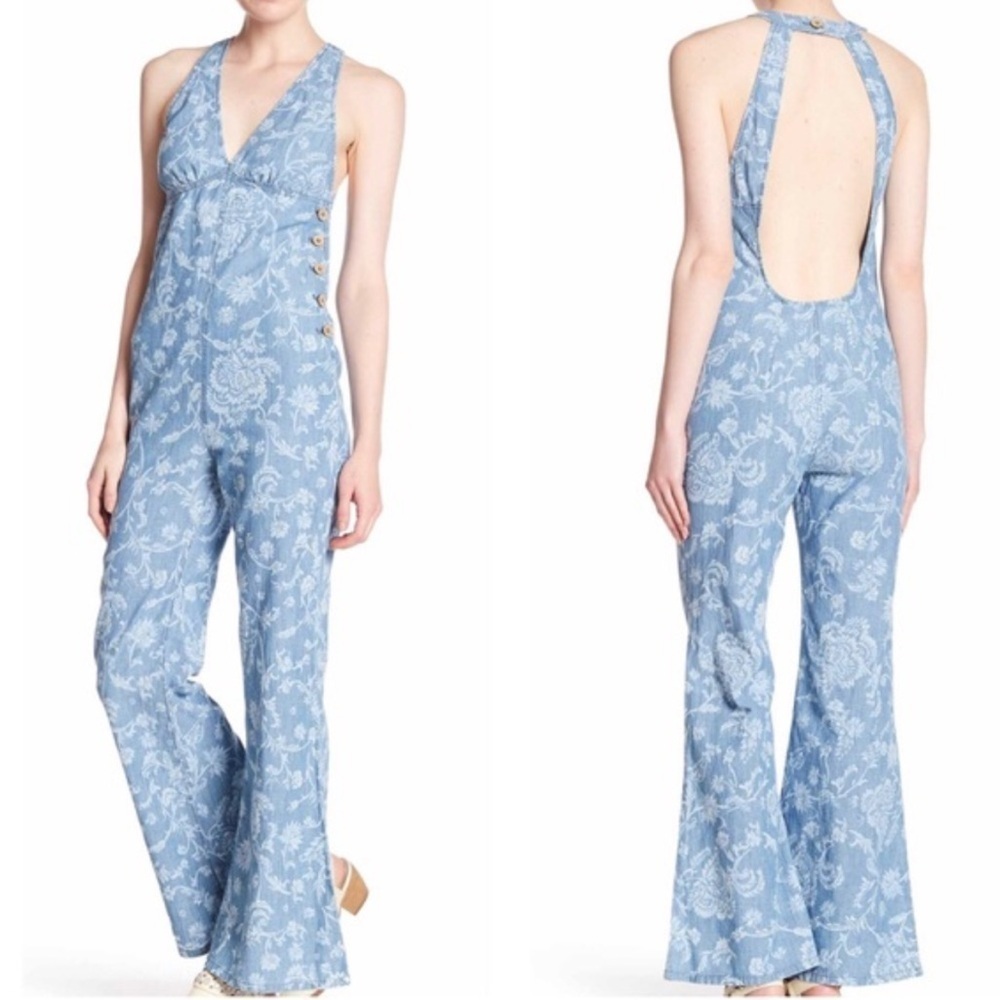Free People Dance All Night Chambray Birthday Floral Boho Jumpsuit size 4